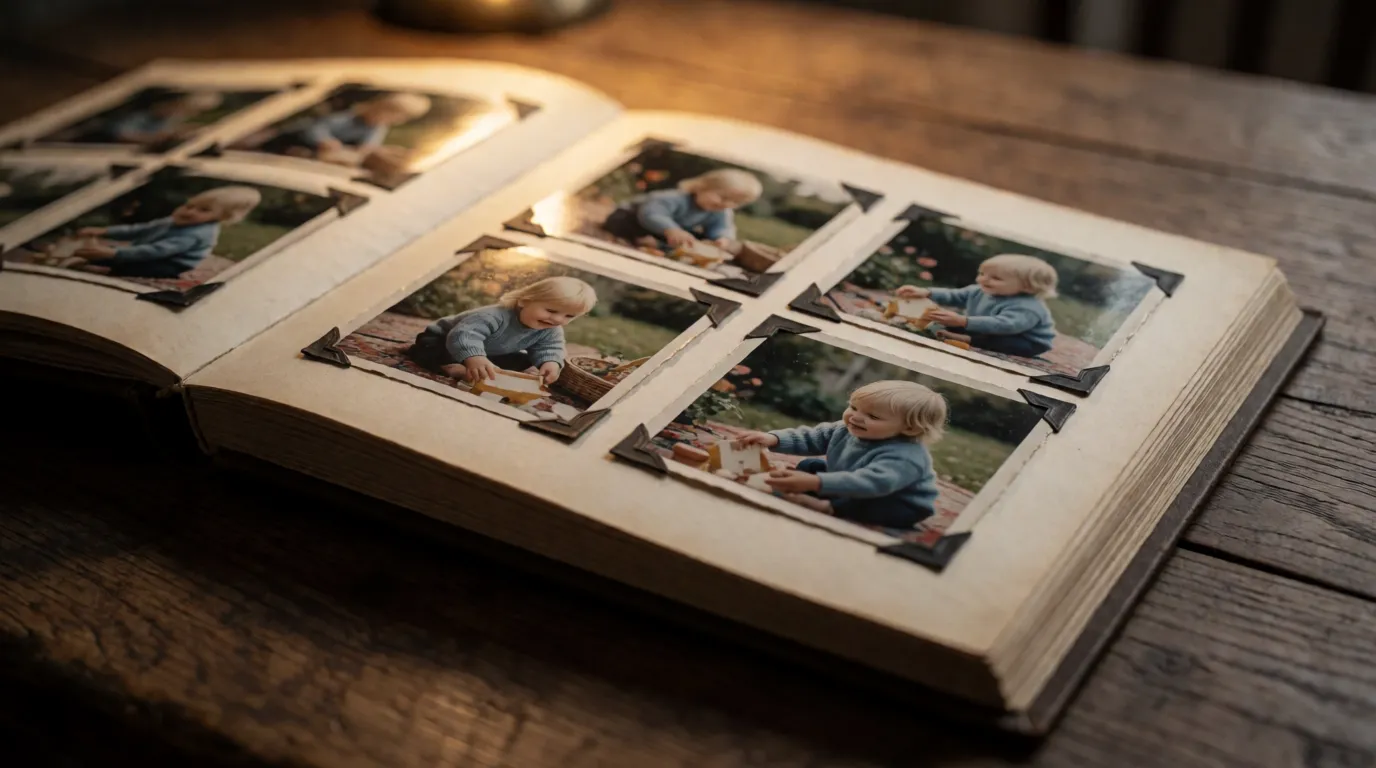 A photograph of an open family photo album on a table with several snapshots of a toddler
