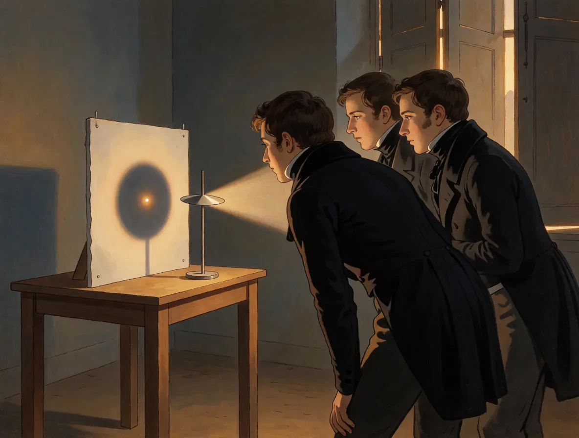 Three men in dark tailcoats lean toward a white screen, where a round shadow carries one brilliant dot