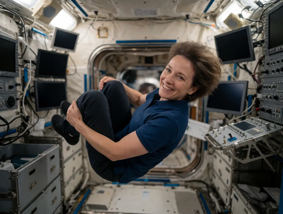 An astronaut floating inside a space station module, knees tucked, mid-rotation