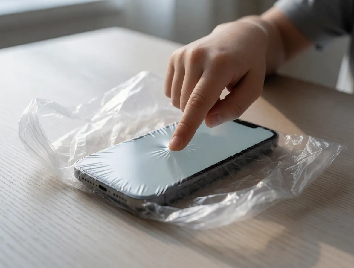 A photograph of a child pressing a fingertip onto a phone screen through a clear plastic bag pulled tight over the glass