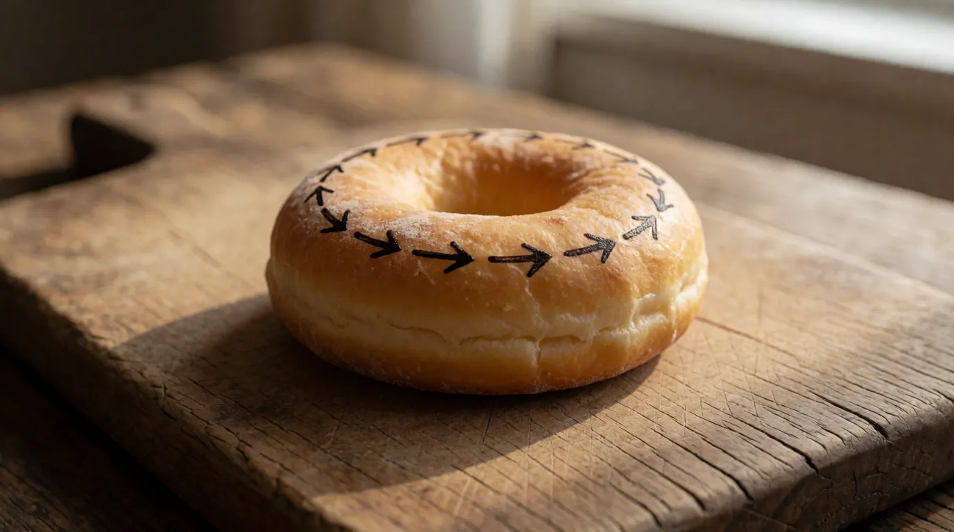 A ring doughnut with arrows drawn all the way around its surface, all following each other in the same direction