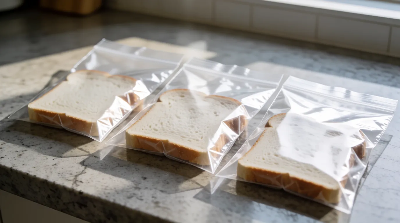 A photograph of three slices of white bread sealed in separate clear plastic bags on a kitchen counter