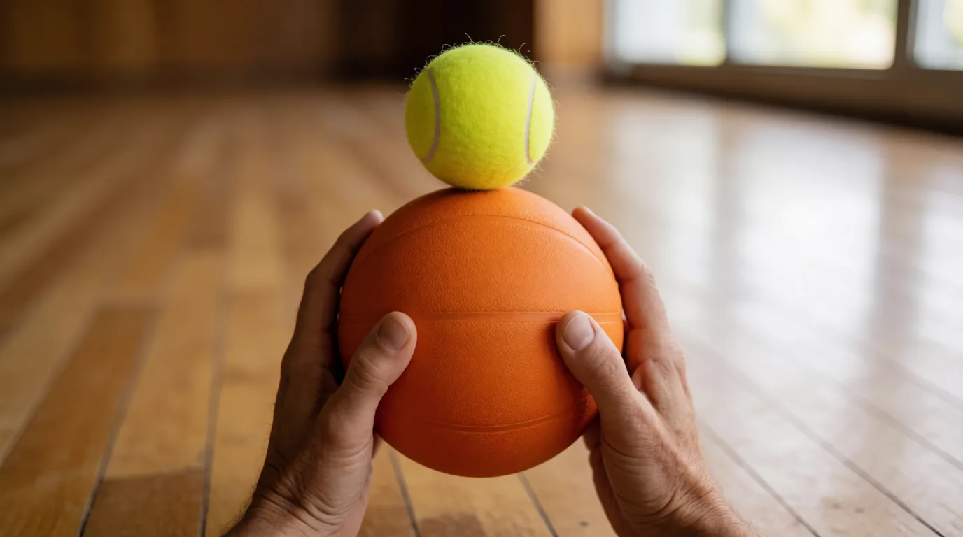 A photograph of a tennis ball balanced on top of a basketball, held at chest height above a floor