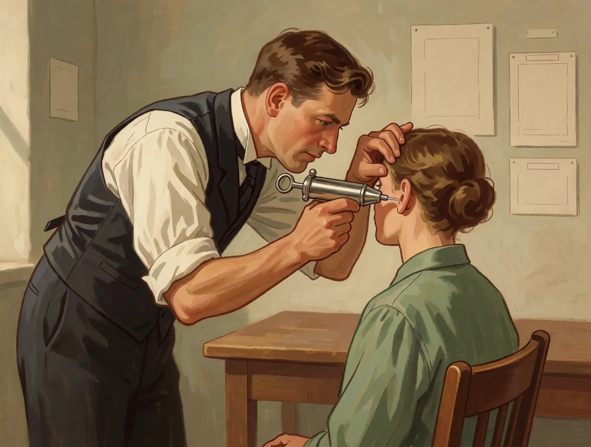 A doctor in an early twentieth century clinic gently syringing water into a seated patient's ear while watching their eyes