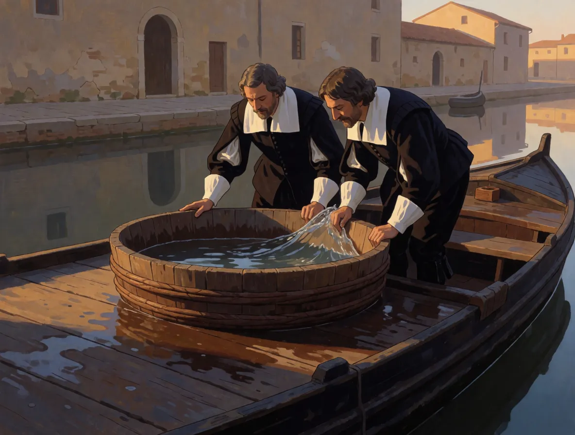 Two men in 1630s clothing on a canal barge, watching water slop inside a wooden tub