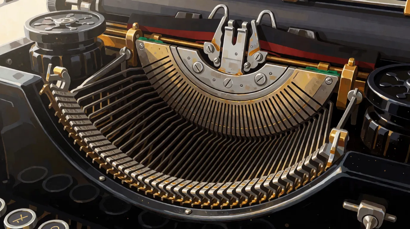A close view inside an old typewriter showing the fan of metal type bars all angled toward a single striking point