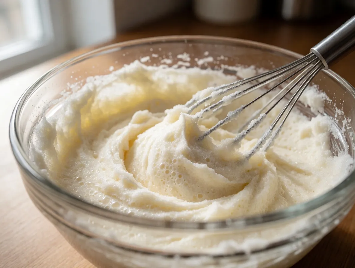 Butter and sugar beaten pale and fluffy in a glass bowl