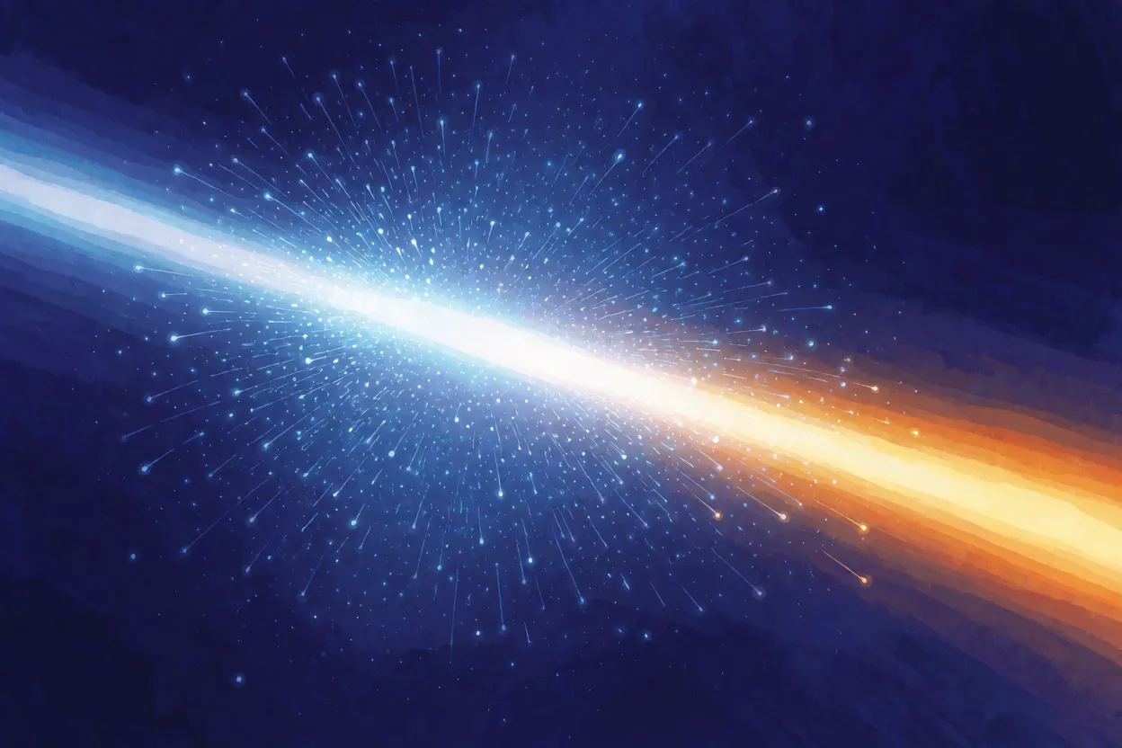 A painted shaft of sunlight crossing a dark indigo field, blue sparks flying off sideways