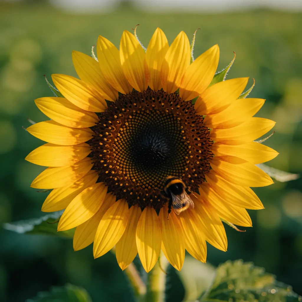 A sunflower head at dawn with low golden light on its face and a bumblebee on the petals