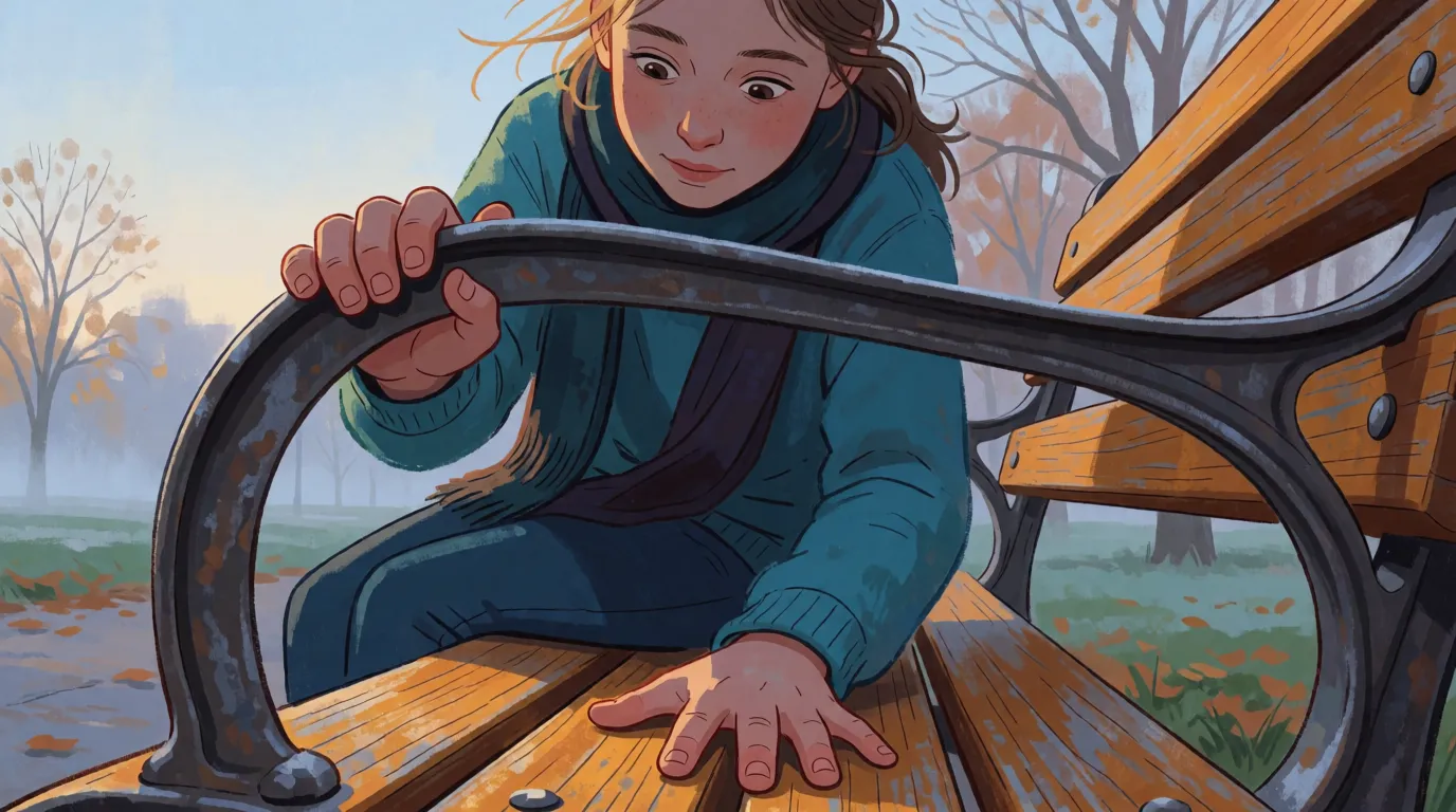 A twelve-year-old sitting on a park bench with one palm flat on a metal armrest and the other palm flat on a wooden slat