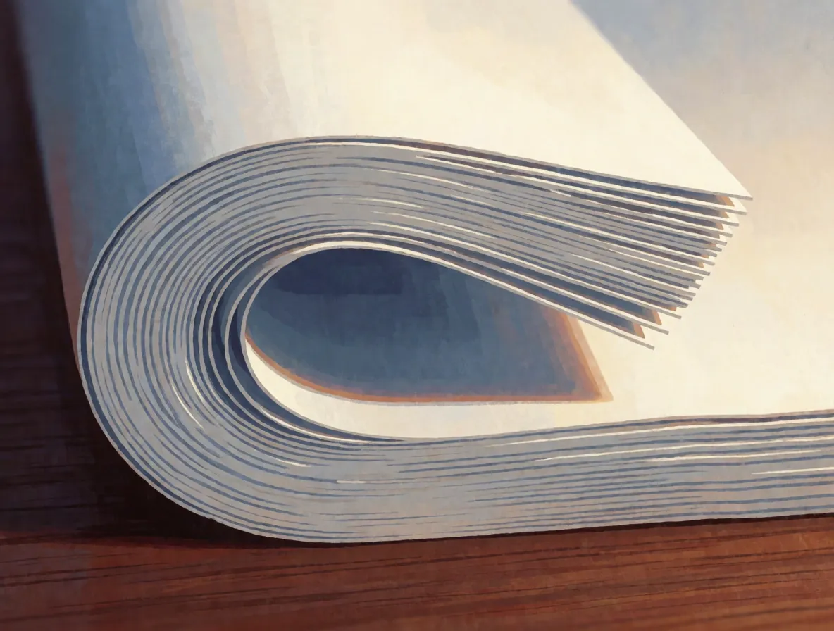 A close-up painting of the rounded edge of a thick pad of folded paper, with the separate sheets curving around