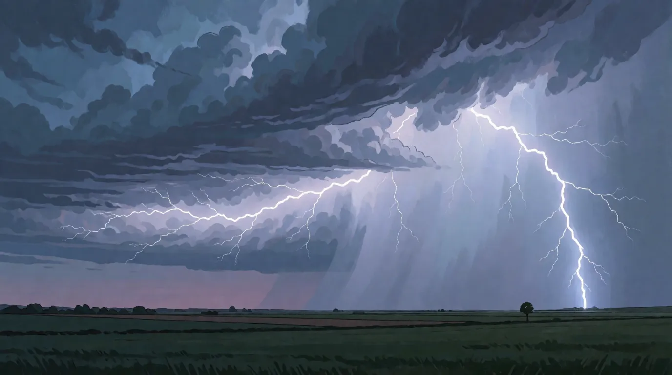 A lightning bolt drops to flat farmland on the right while its glowing channel continues sideways for miles inside the thundercloud