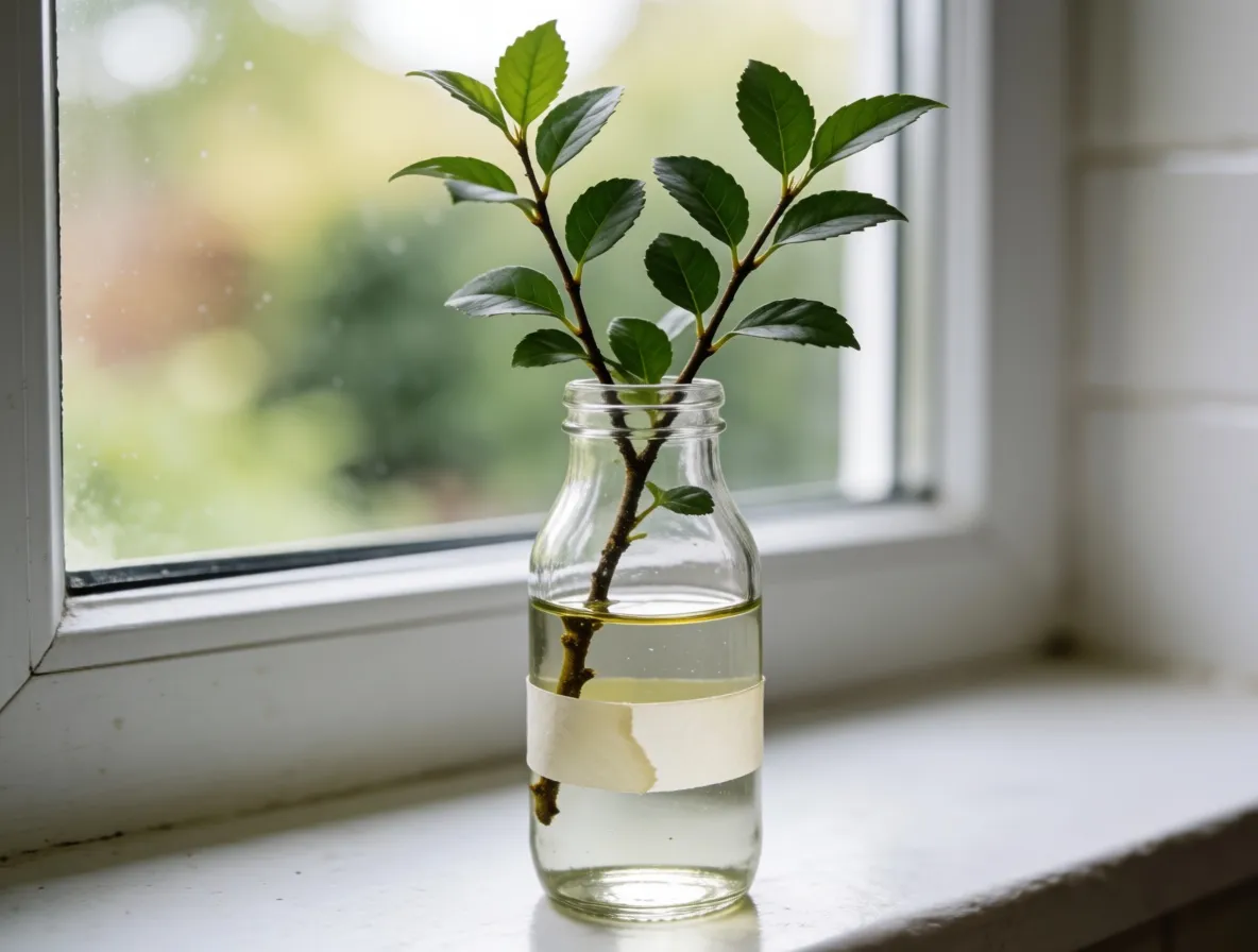 A leafy twig in a glass bottle of water, with tape marking the level