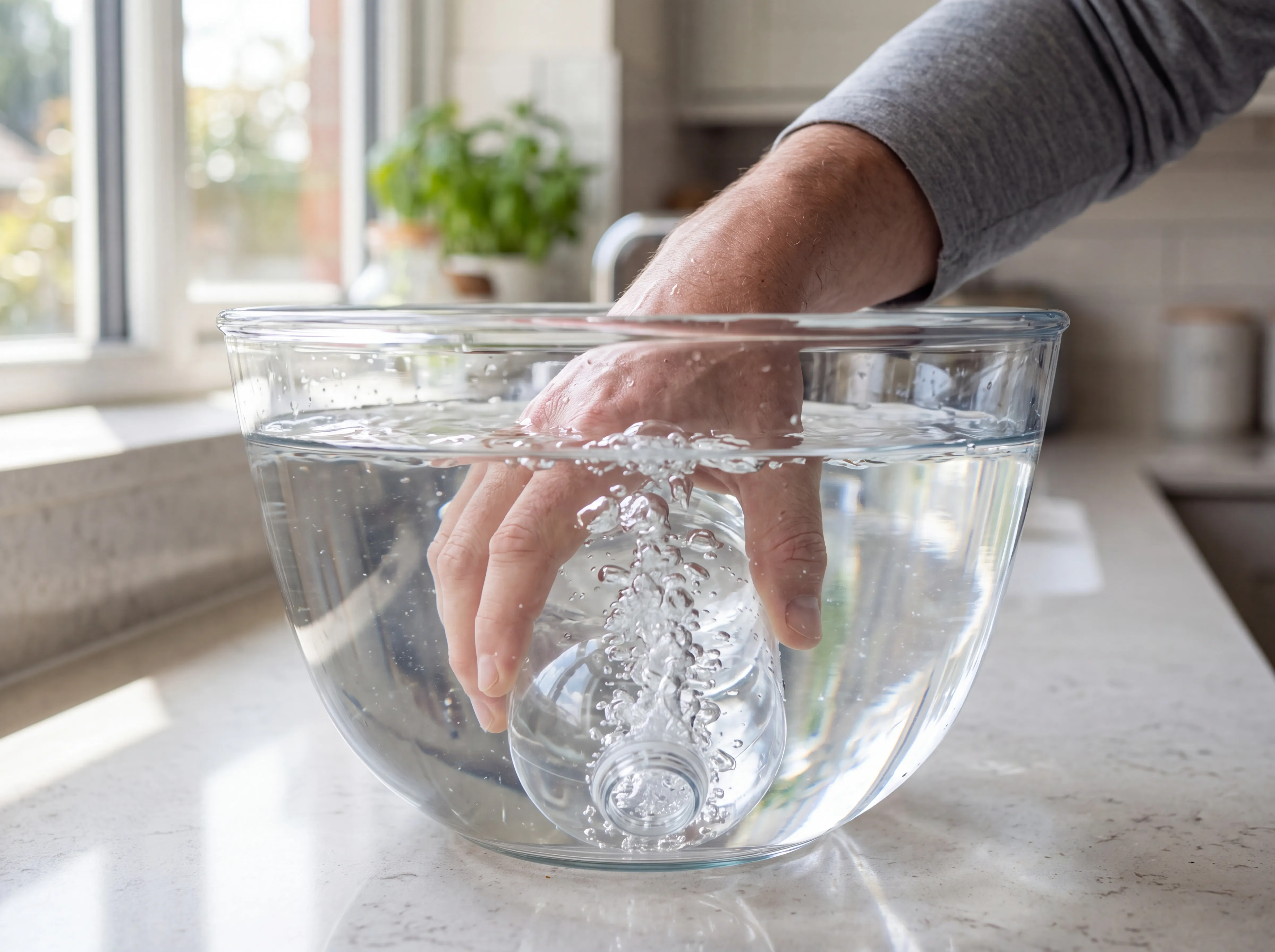 A photograph of a hand releasing a plastic bottle under the surface of a glass bowl of water, with bubbles streaming from the neck