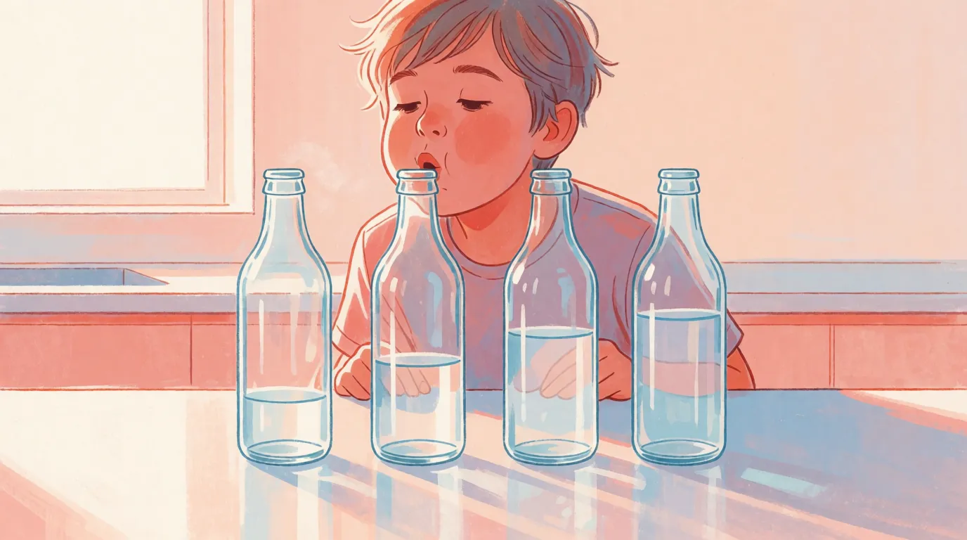 A child blowing across the tops of a row of glass bottles filled to different levels with water