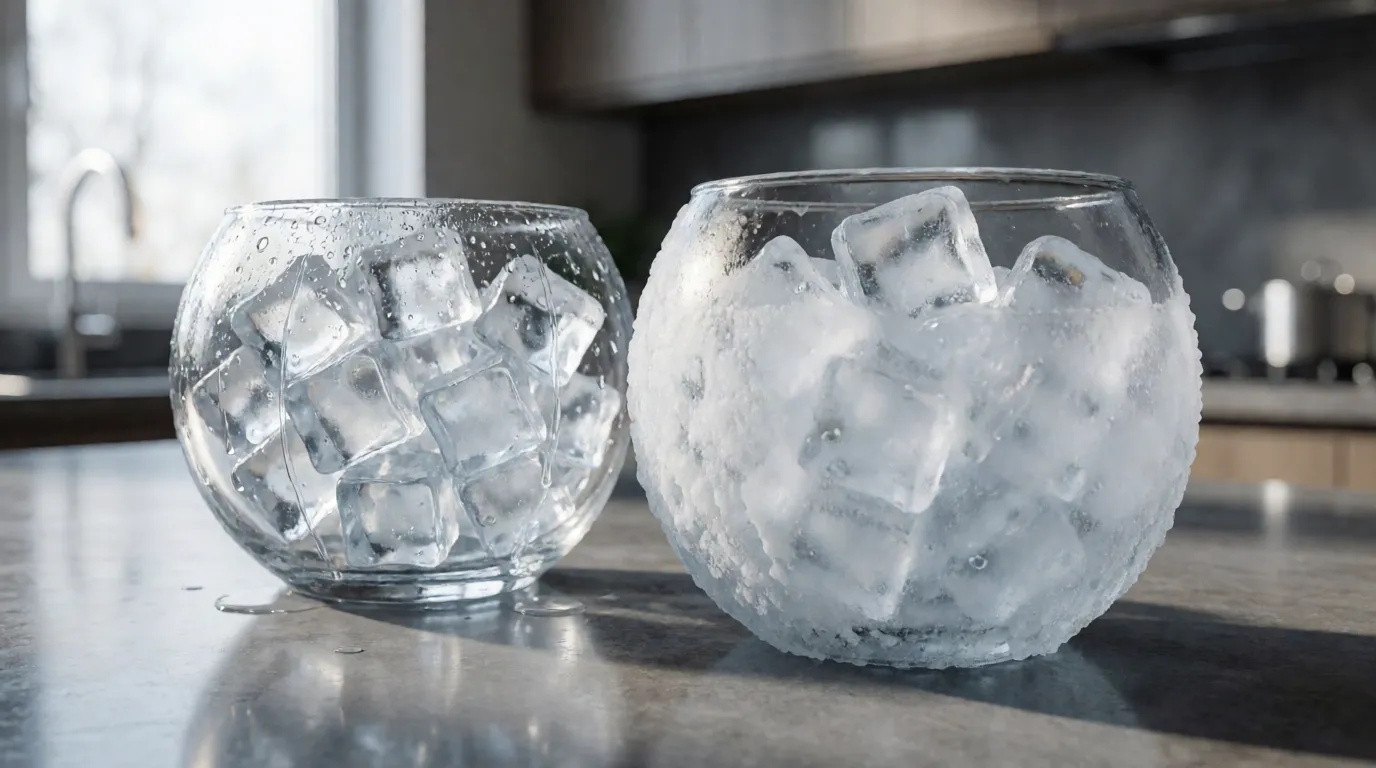 A photograph of two bowls of ice side by side, the right one thickly furred with white frost on the outside of the glass