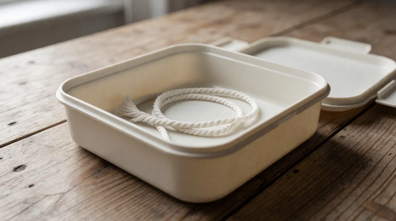 A photograph of a plastic lunchbox with a length of string coiled loosely inside it