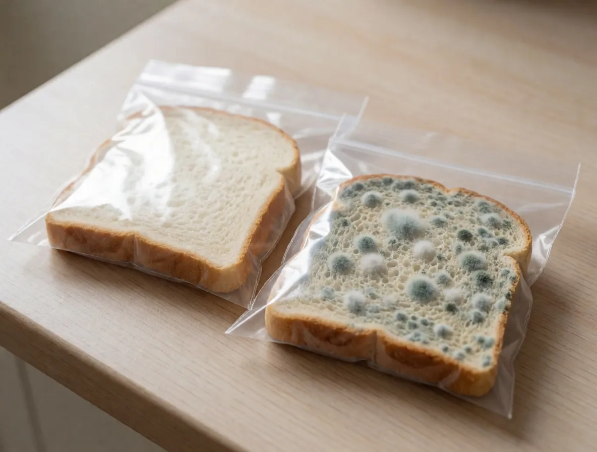 Two slices of bread sealed inside separate transparent bags, the right one covered in mold