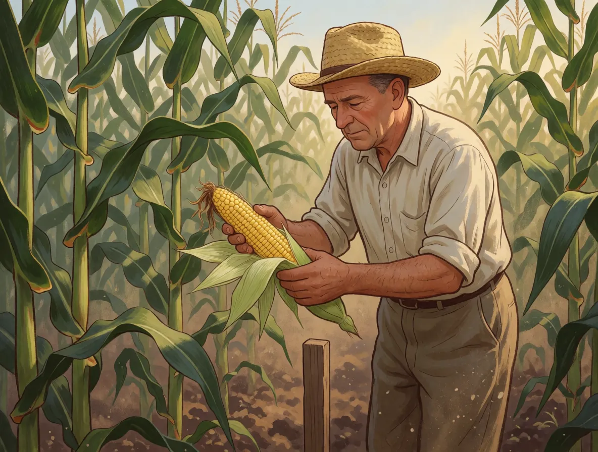 A plant breeder in his fifties inspecting an ear of sweet corn in a 1950s Illinois research plot