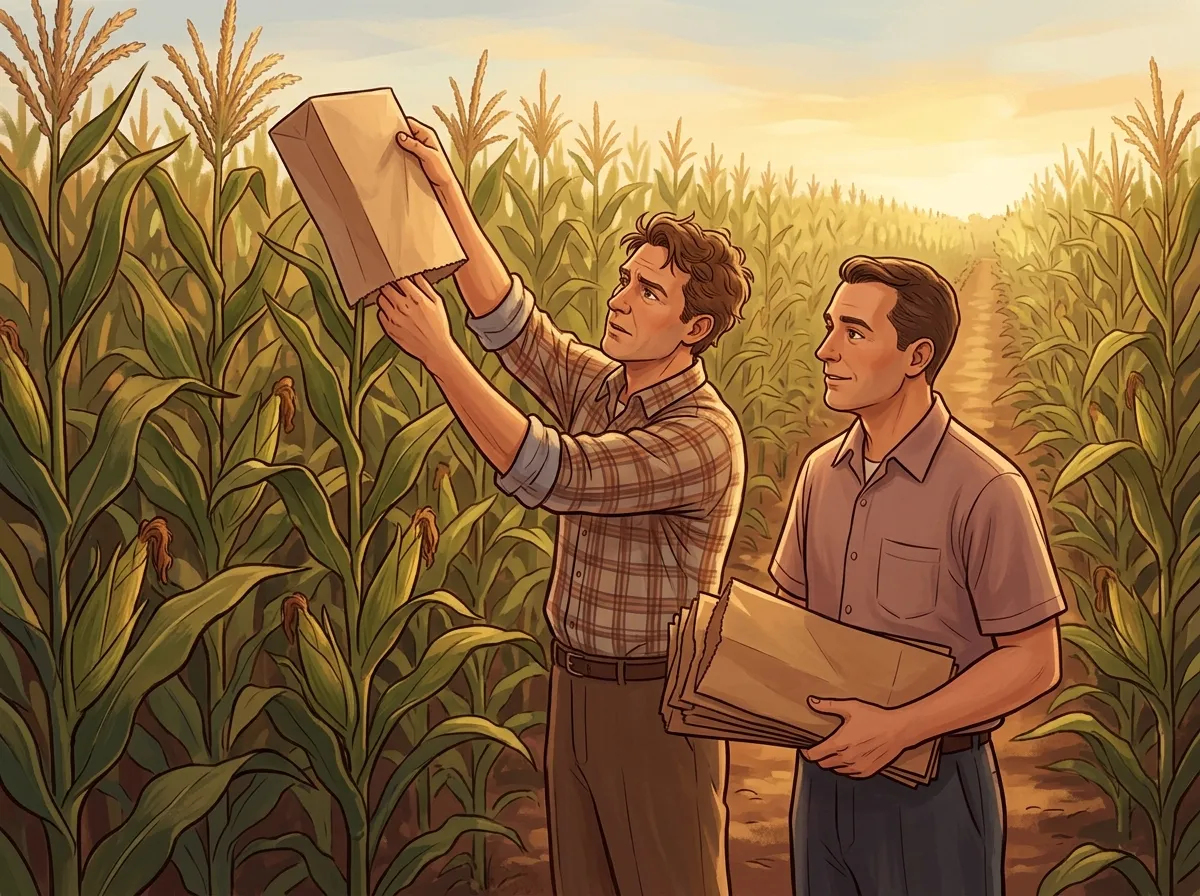 Two men in shirtsleeves in a cornfield in the early 1960s, one slipping a plain paper bag over the feathery top of a corn plant