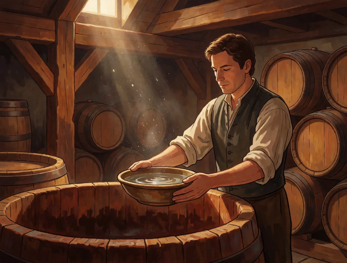 A man in eighteenth century clothes holding a shallow bowl of water above an open wooden fermenting vat in a dim brewery