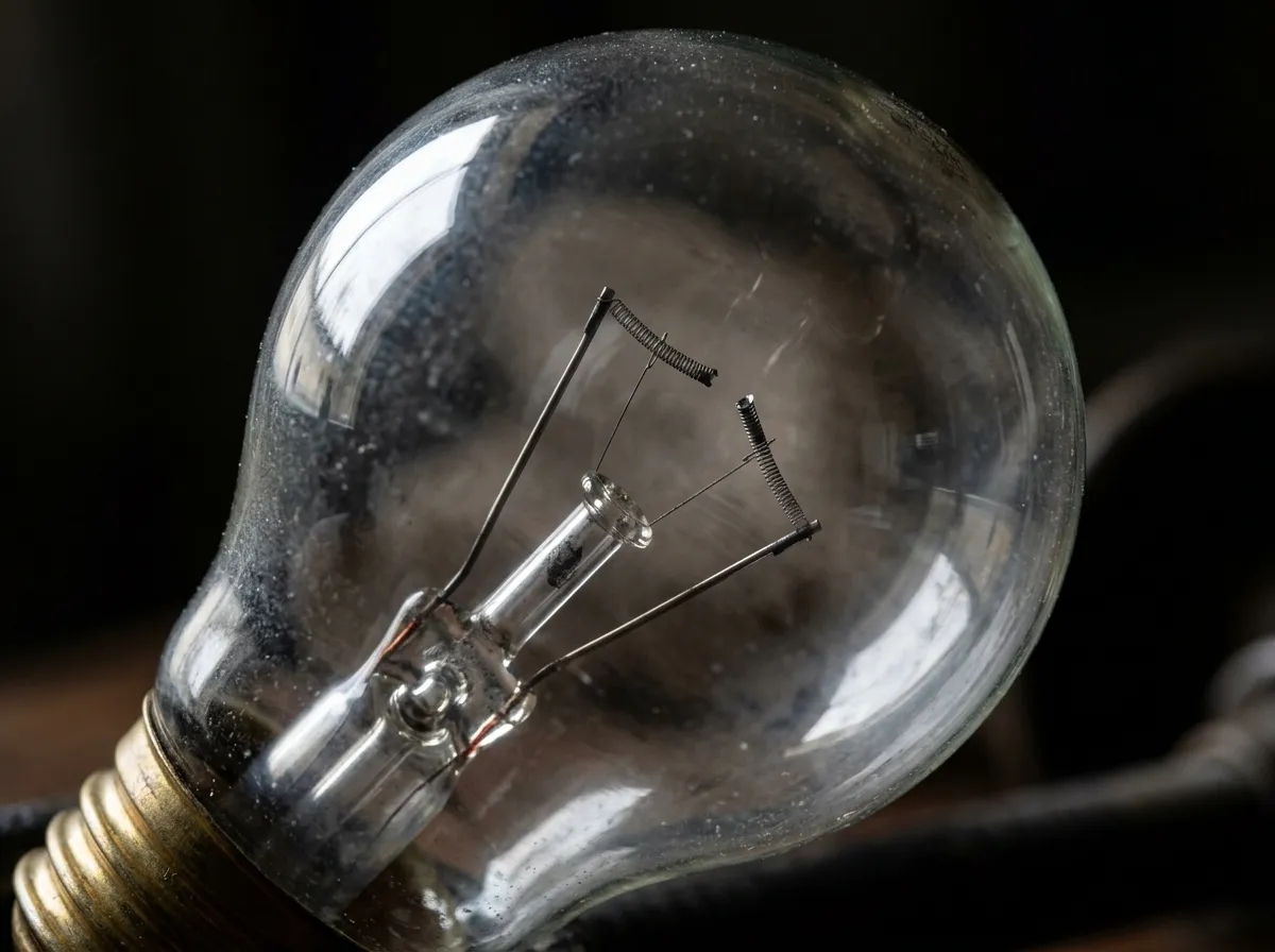 A macro photograph of a blown lightbulb, the tiny coiled wire parted in the middle