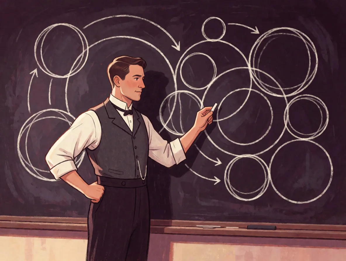 A mathematician in early twentieth century clothing at a blackboard covered in plain unlabelled diagrams of spheres and rings