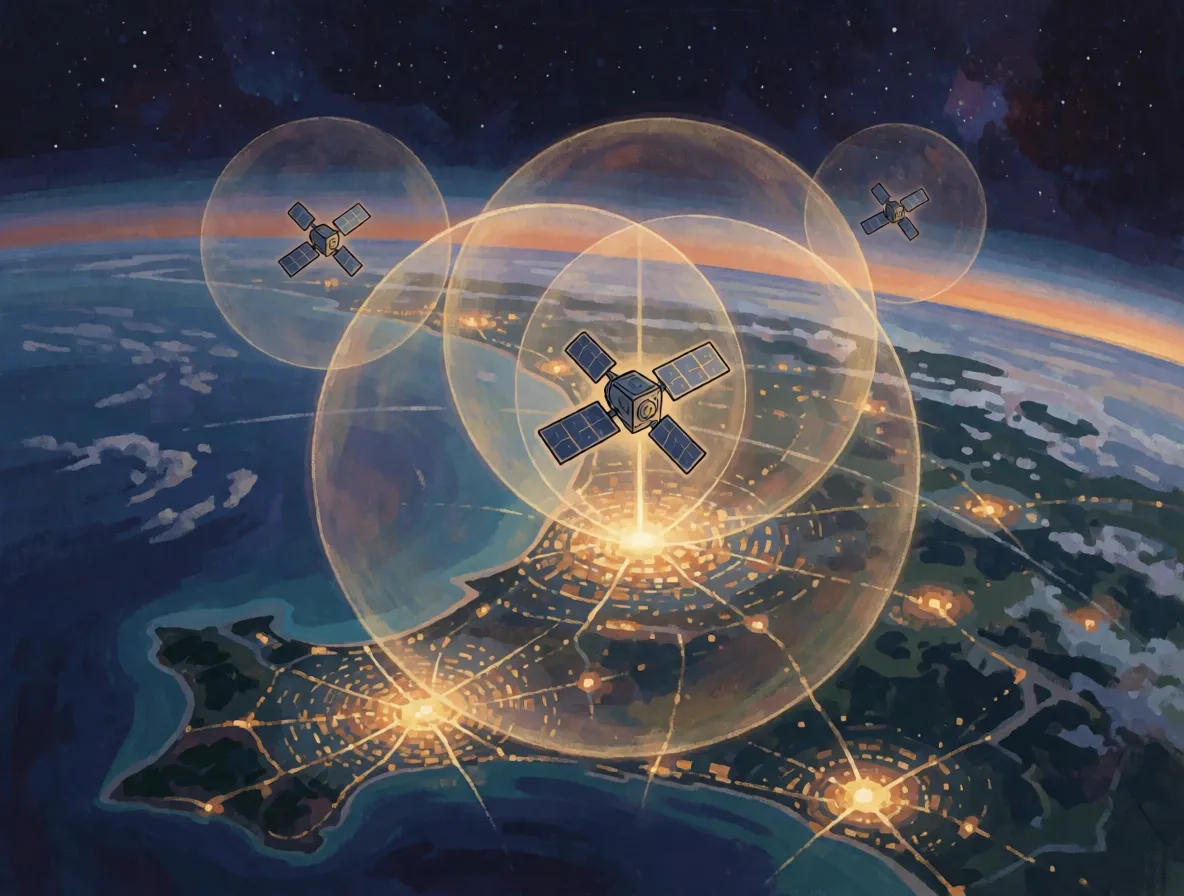 A painted view from space of three satellites above a lit coastline, each ringed by a huge glowing sphere