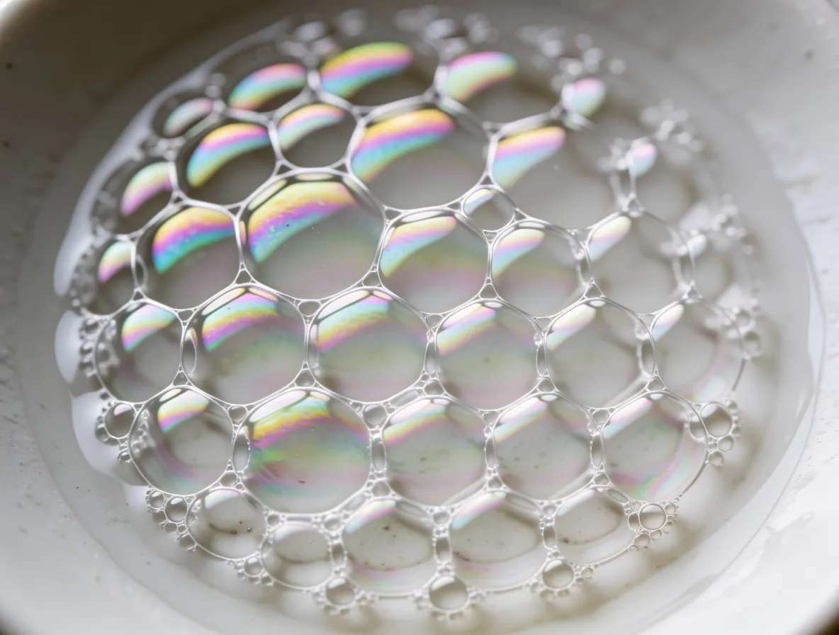 Close-up photograph looking down on a raft of equal-sized soap bubbles pressed into six-sided shapes