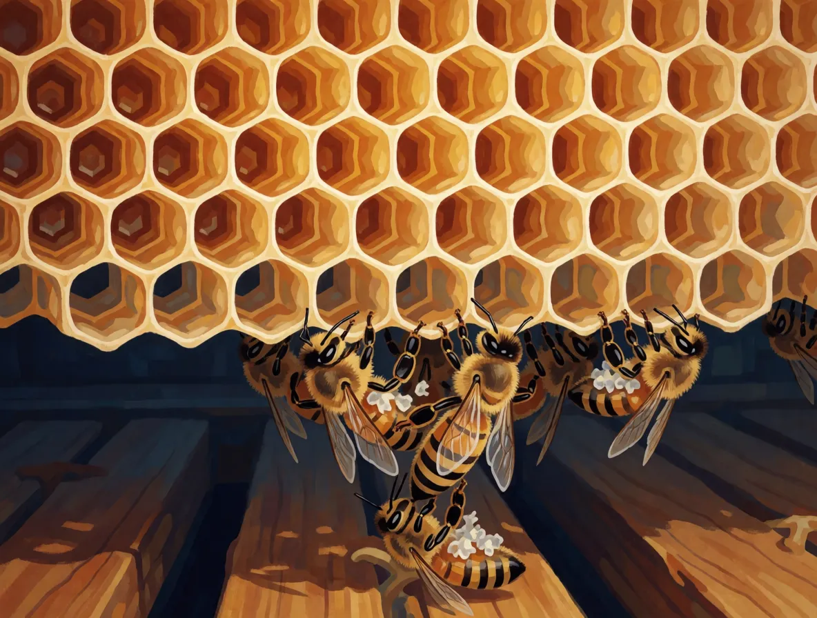 Worker bees clustered on the growing lower edge of a pale new wax comb inside a dark hive