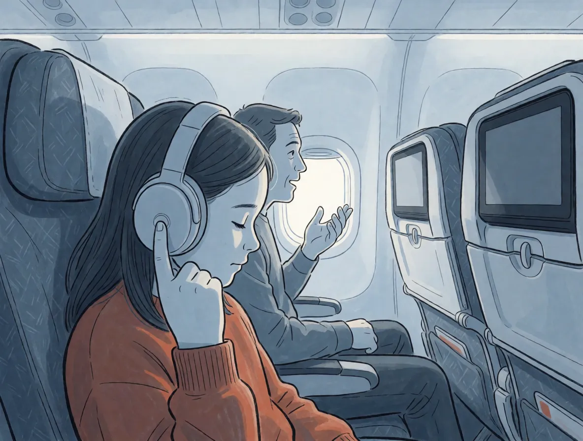 A painted airliner cabin, a girl pressing her headphone button as the passenger beside her talks