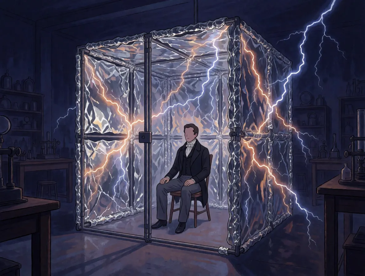 A man in eighteen thirties clothing sitting calmly inside a large room-sized cage covered in metal foil while sparks jump outside it