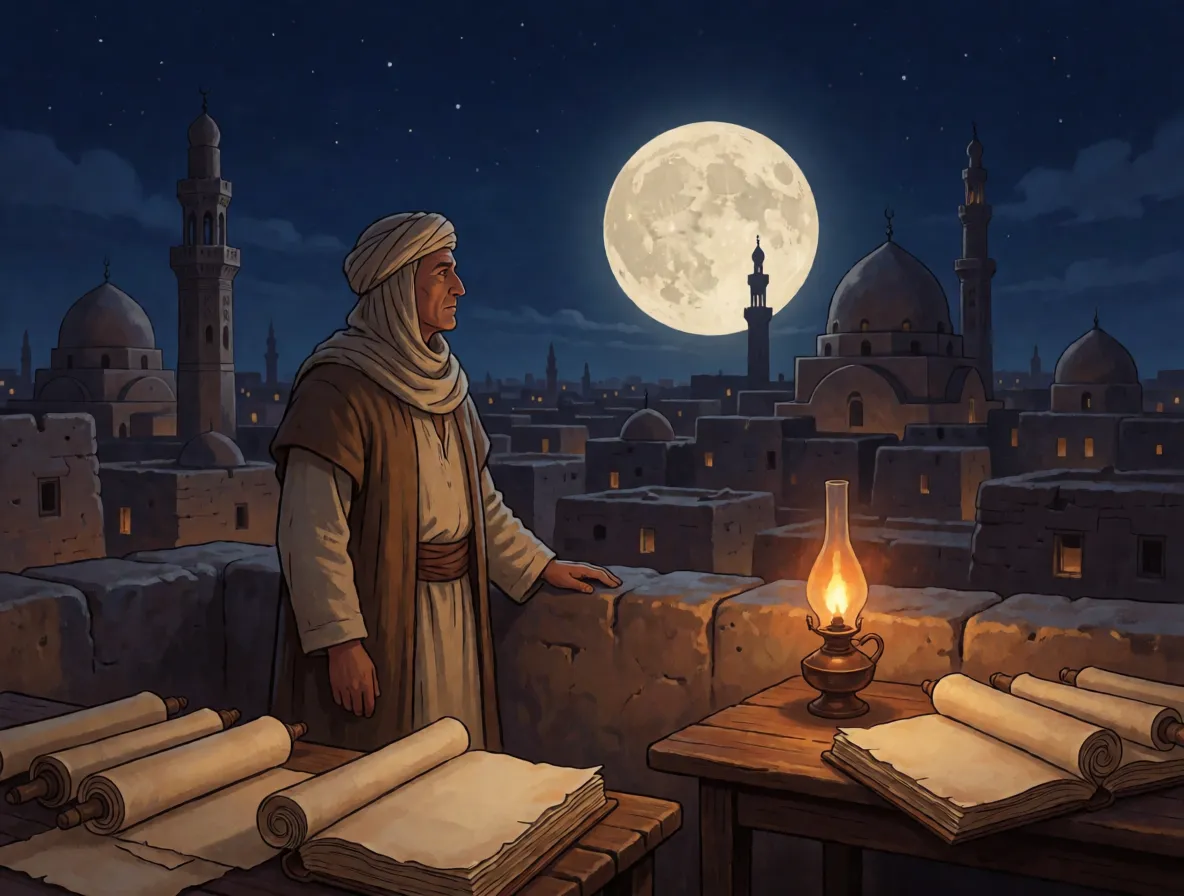 A scholar in eleventh century Egyptian clothing on a flat rooftop at night, looking toward a low full Moon over the city