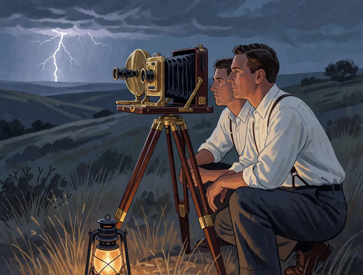 Two men in shirtsleeves crouch beside a large plate camera on a tripod, watching a distant thunderstorm at night