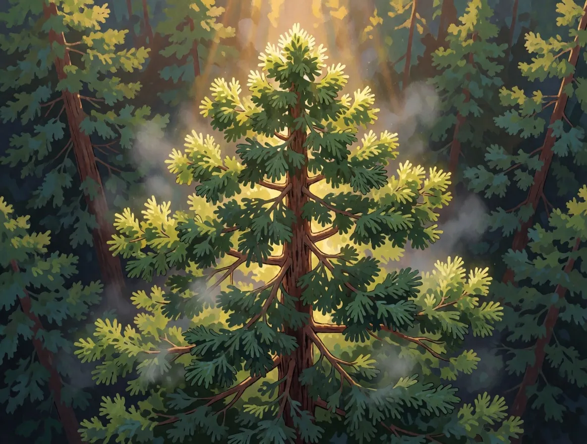 Sunlight on the green crown of a redwood, with pale wisps rising off the foliage