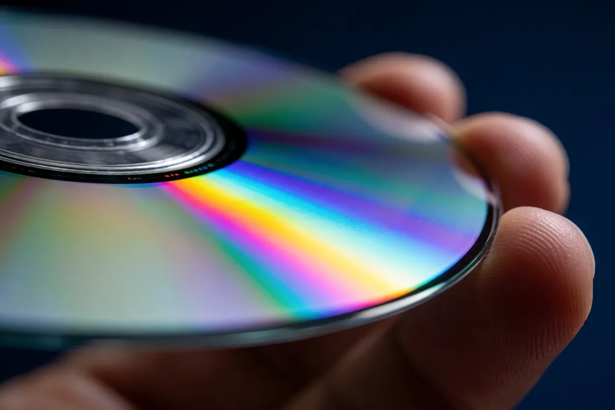 A photograph of a compact disc held in someone's fingers with a bright band of rainbow color sweeping across its surface