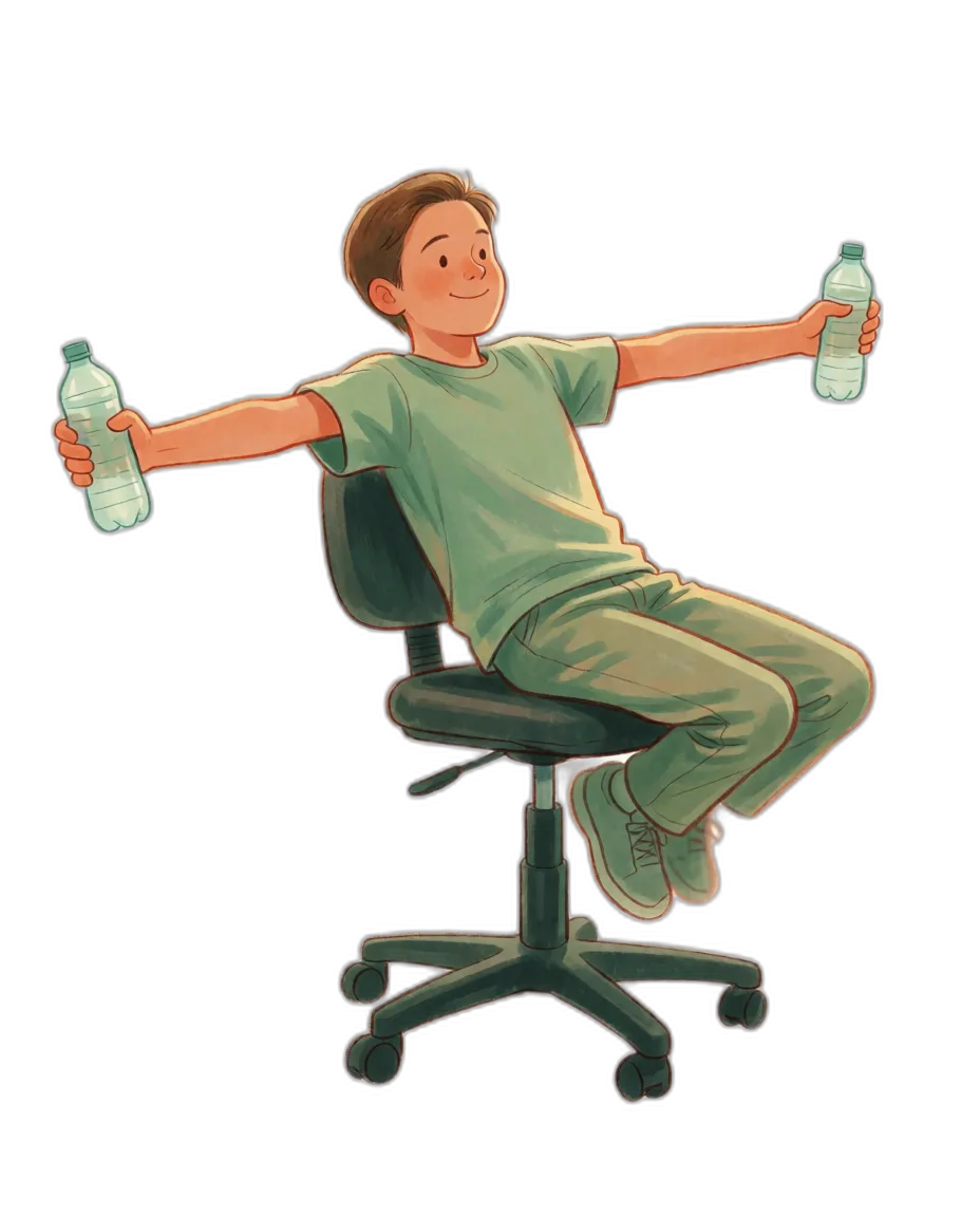 A thirteen-year-old sitting on a swivel chair with feet raised, holding a water bottle in each outstretched hand