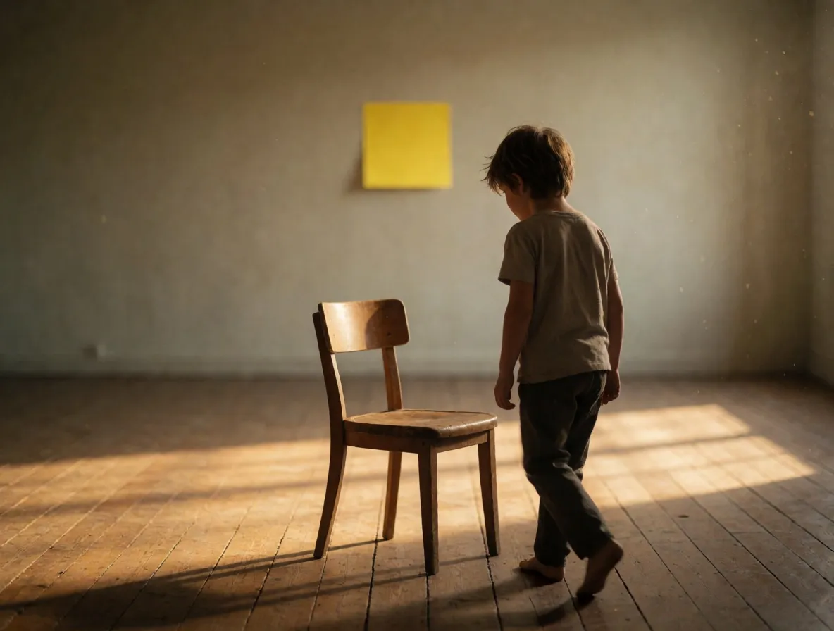 A photograph of a child walking around a plain wooden chair on a bare floor, with a blank yellow note stuck to the wall behind