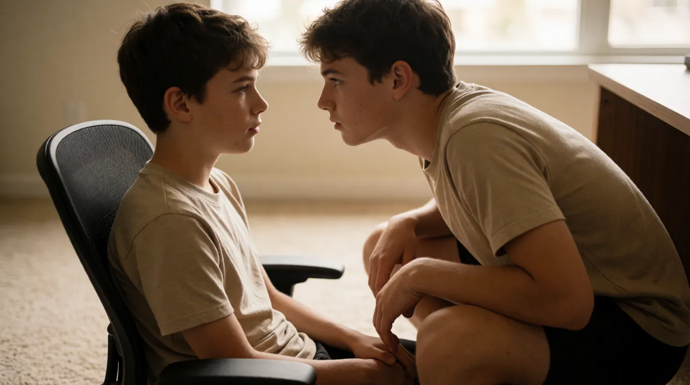 A photograph of a person sitting on a swivel chair while another person leans in close to watch their eyes