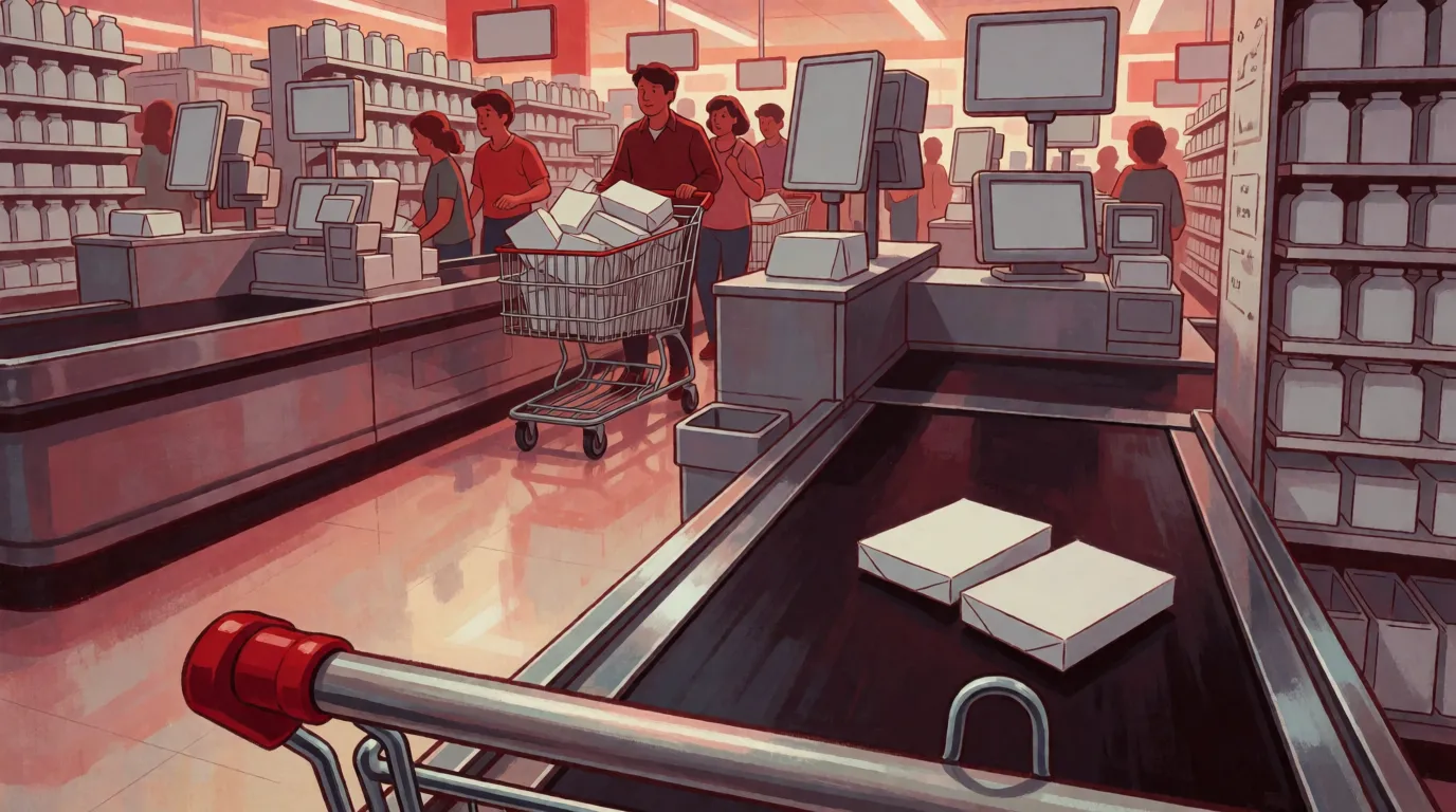 A supermarket checkout area seen from a customer's viewpoint, with the neighboring lane moving while theirs is stopped