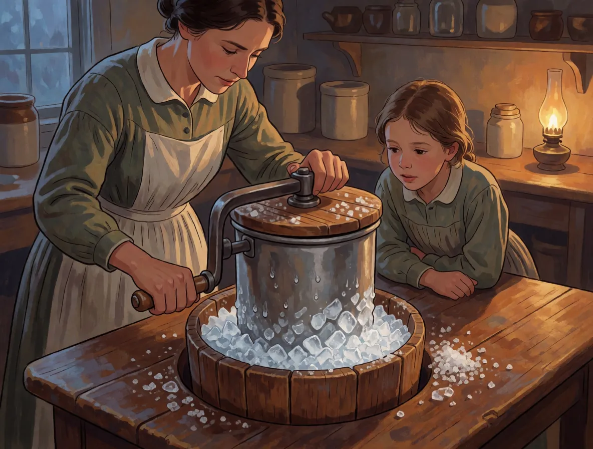 A woman in eighteen forties clothing turning the crank on a wooden ice cream bucket while a child watches, ice and salt heaped around the inner can