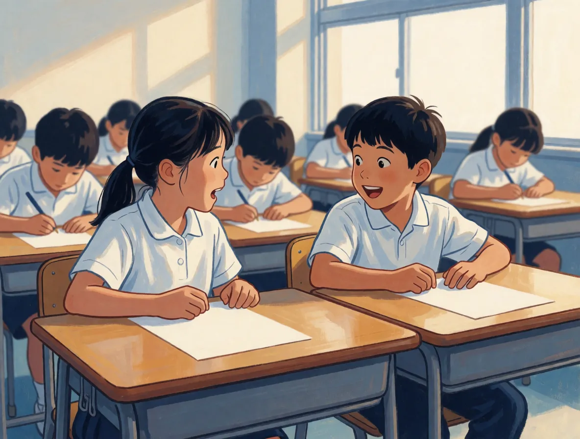 Two schoolchildren at neighboring desks turning to look at each other in surprise
