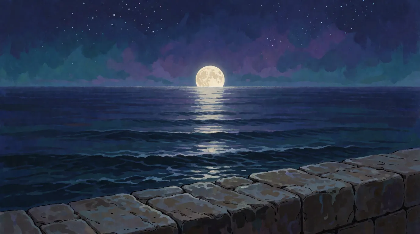 A painted night scene of the sea against a stone harbor wall beneath a low full moon