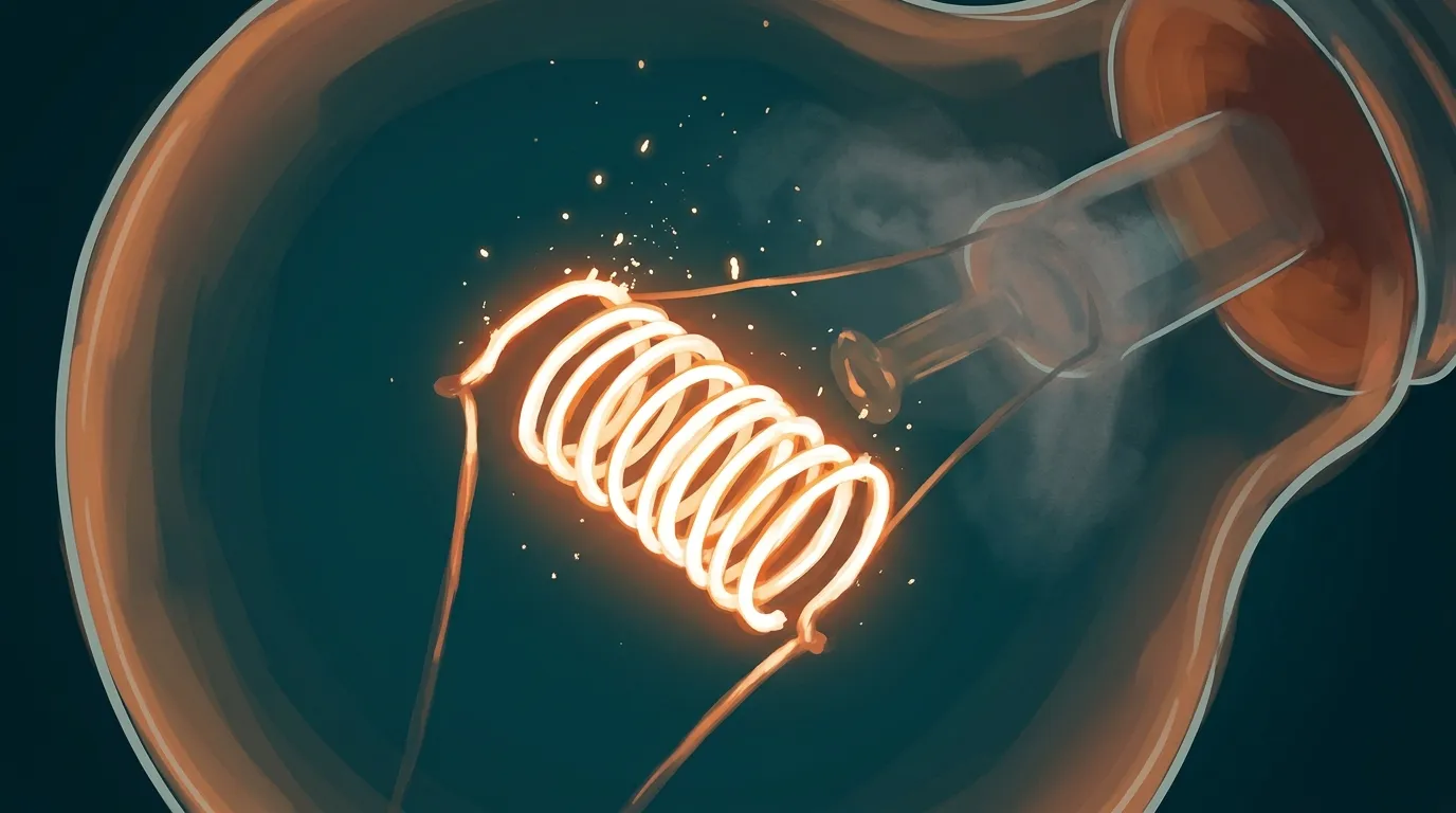 A painted close-up inside a bulb, the coiled wire glowing white-hot behind a gray mist on the glass