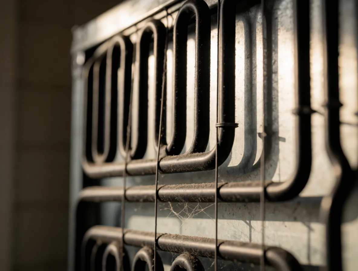 The dusty black zig-zag pipe coil on the back of a refrigerator
