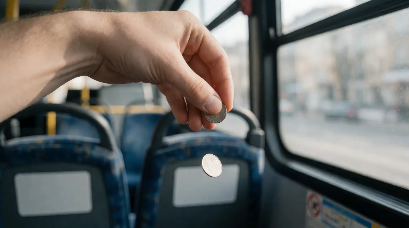 A photograph of a hand dropping a coin inside a bus, with the seats and window visible behind