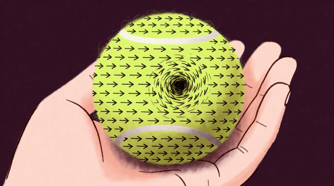 A photograph of a fuzzy tennis ball covered in small drawn arrows with one obvious swirl left over