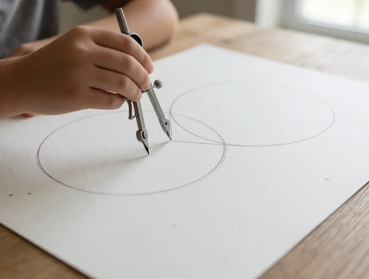 A photograph of a child’s hands drawing a pencil circle on white paper with compasses