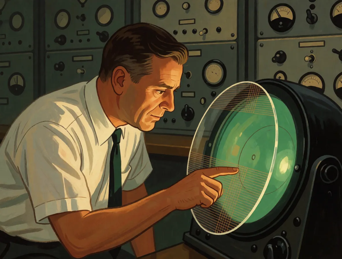 A painted scene of a man in 1965 touching a large round glowing radar display with one bare fingertip