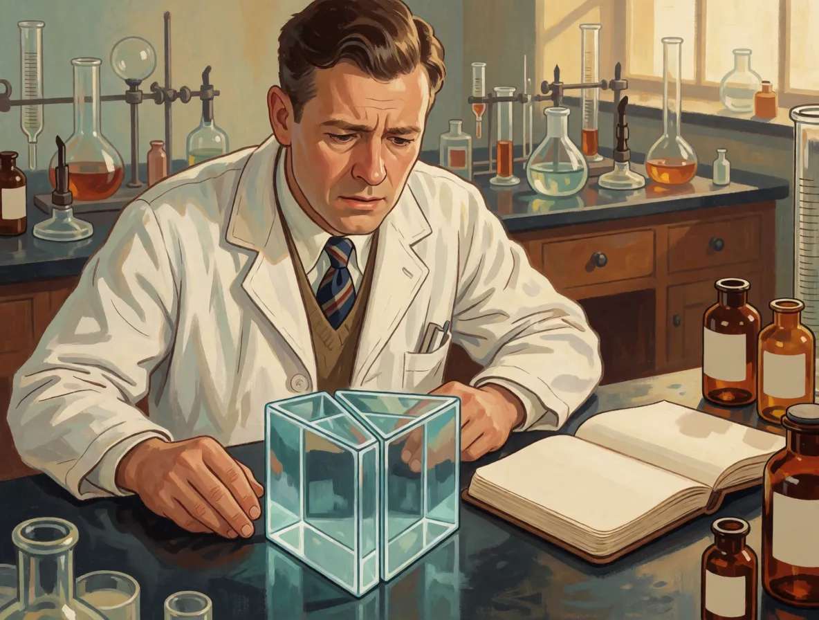 A chemist in nineteen forties clothing looking in dismay at two glass prisms stuck permanently together on a laboratory bench